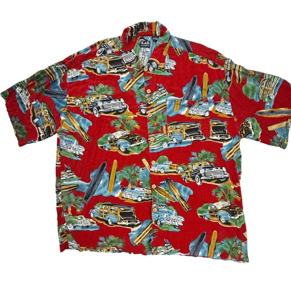K.A.D. Clothing Co Mens 2X Red Hawaiian Shirt Vintage Woodie Car Surf Rayon